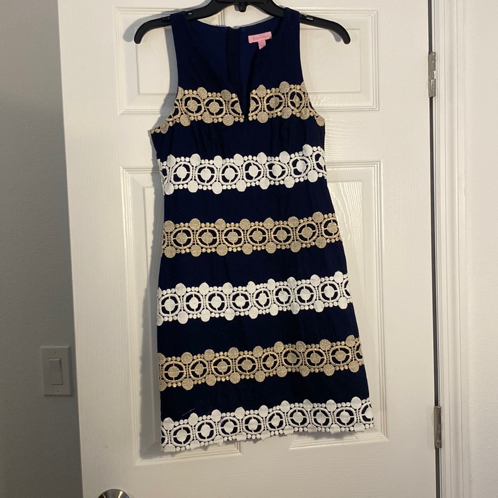 Lily Pulitzer Navy, Gold, and White dress